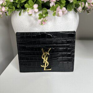 Saint Laurent Cassandre Card Case in Black Crocodile Shiny Leather Gold Hardware